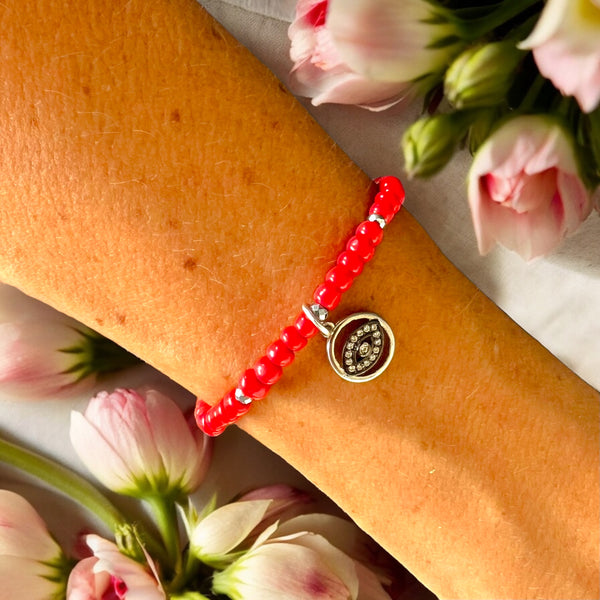 Round Eye Charm 4mm Red Glass Bead Bracelet