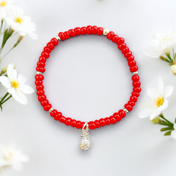 Pineapple Charm 4mm Red Glass Beads Bracelet