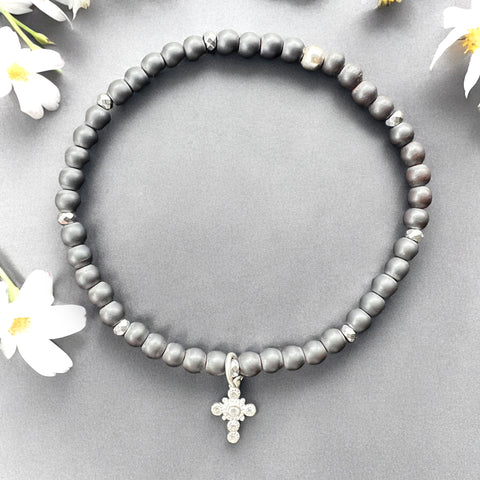 Cross 4mm Hematite Matte Stone Bracelet