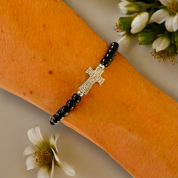 Long Cross 4mm Onyx Polished Stones Bracelet