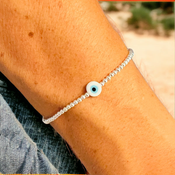 Classic White Evil Eye Charm Sterling Silver 2mm Bead Bracelet