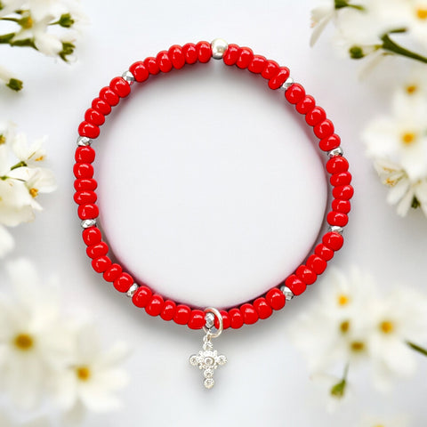 Cubic Zirconias Cross Charm 4mm Red Glass Beads Bracelet