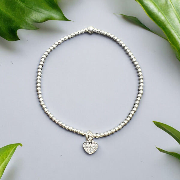 Dainty Heart Charm Sterling Silver 2mm Bead Bracelet