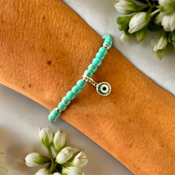 Drop Evil Eye Charm 4mm Turquoise Stones Bracelet