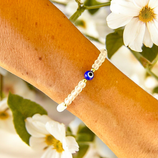 Blue Evil Eye Charm Clear Quartz 4mm Stone Bracelet