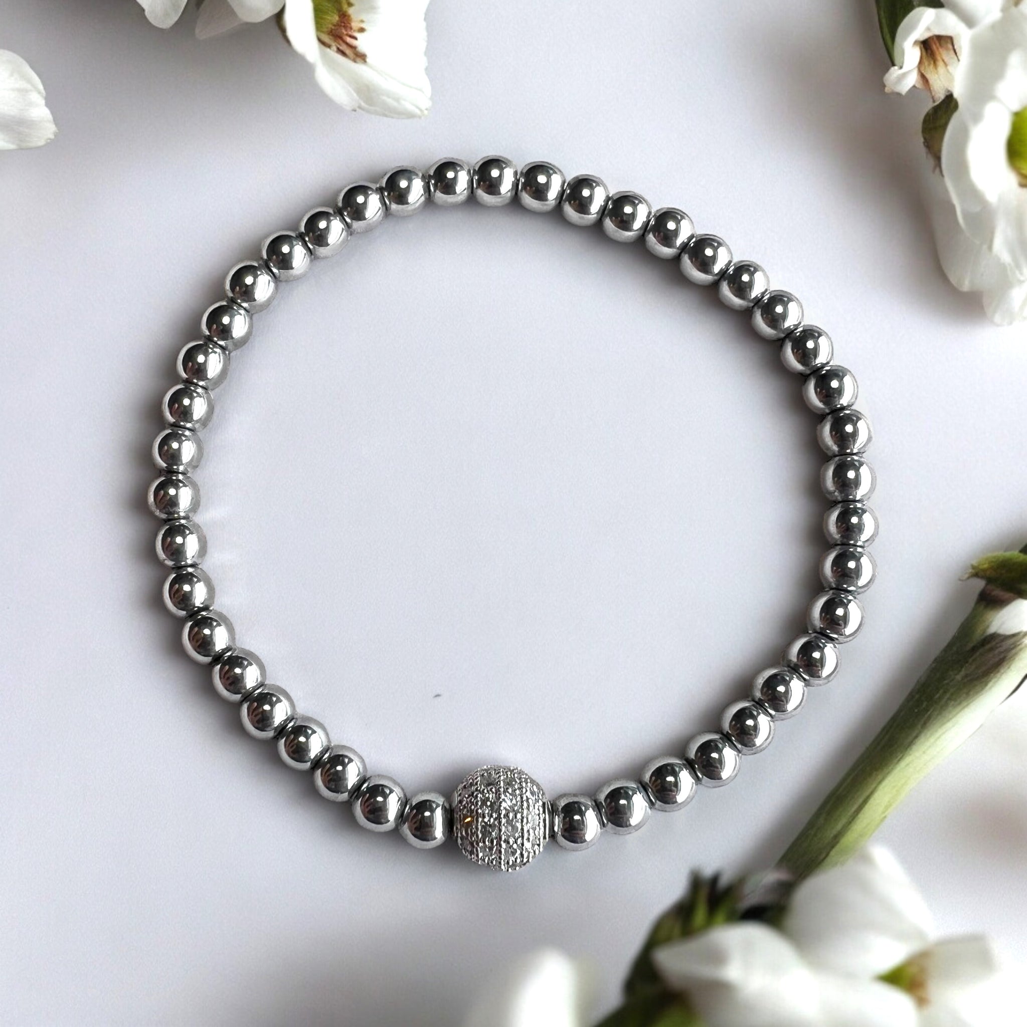 Cubic Zirconia Charm 4mm Hematite Stones Bracelet