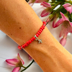 Flower Charm 4mm Red Glass Beads Bracelet