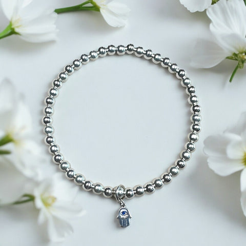 Dainty Hamsa Charm Sterling Silver 4mm Bead Bracelet