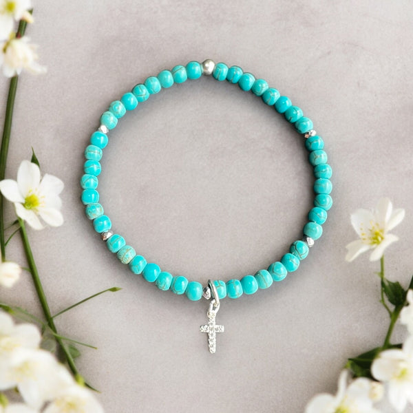 Dainty Cross Charm 4mm Turquoise Stones Bracelet