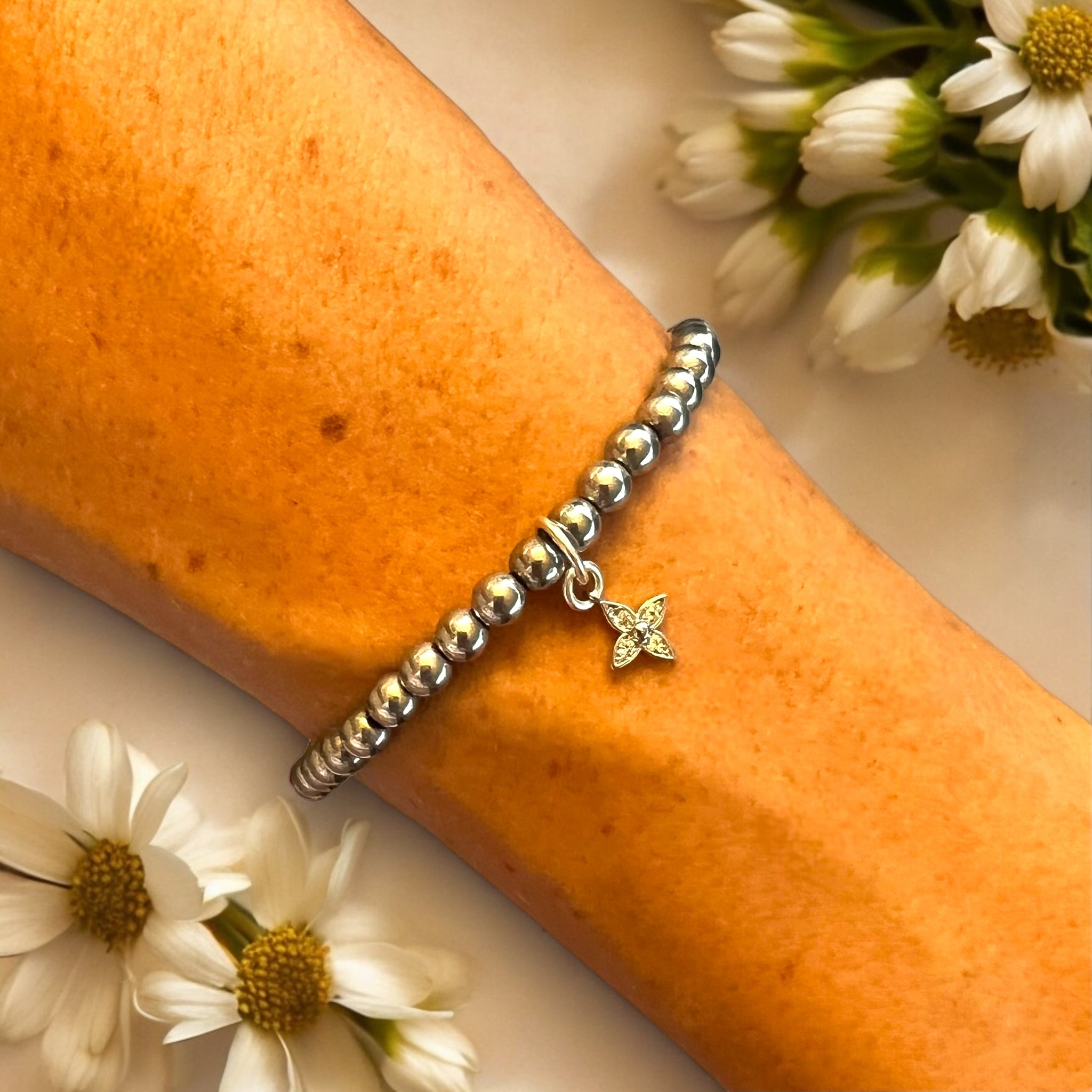 Dainty Flower Charm 4mm Hematite Stones Bracelet