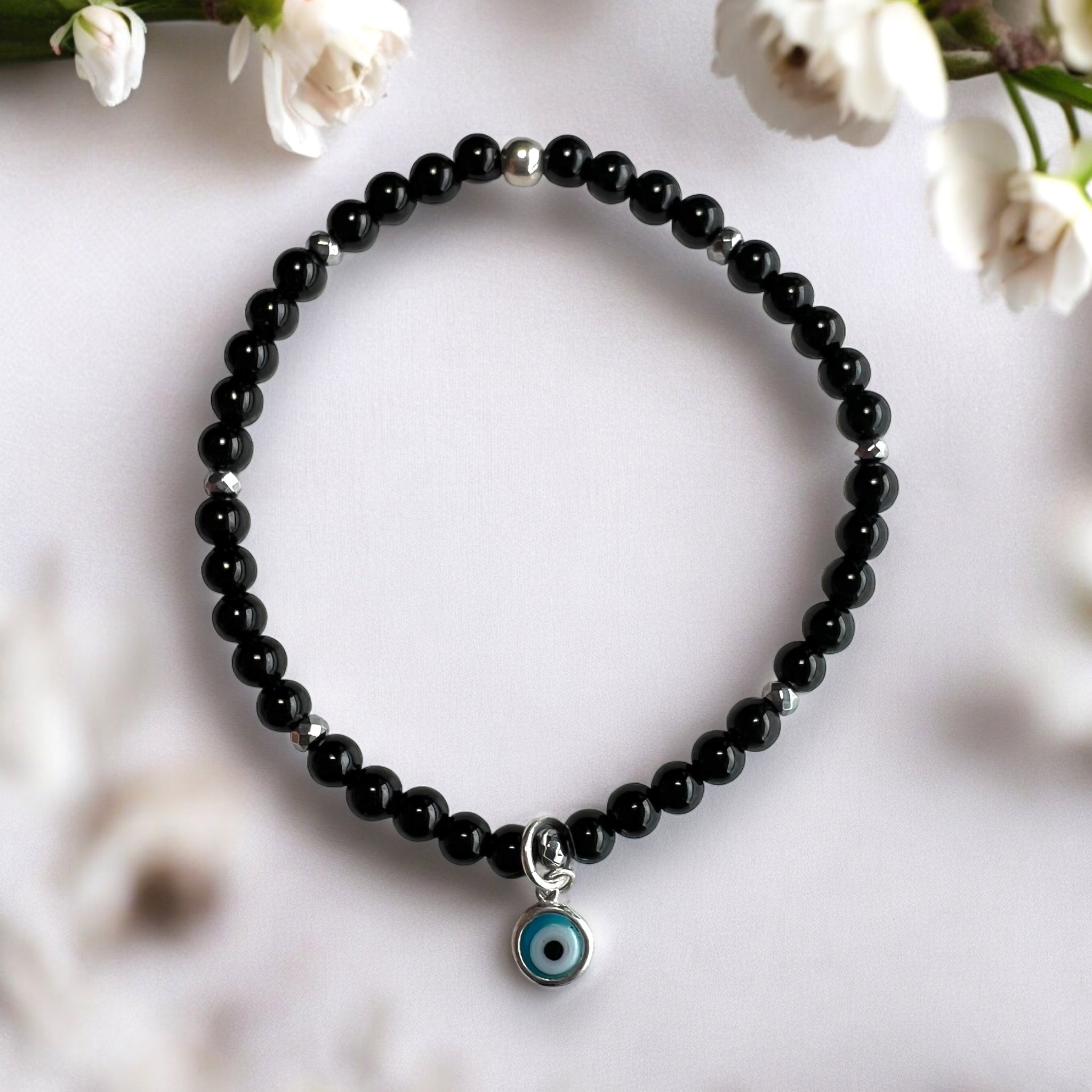 Drop Evil Eye Charm 4mm Onyx Polished Stones Bracelet