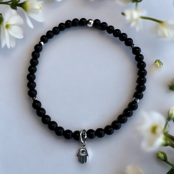 Dainty Hamsa Charm 4mm Onyx Matte Stone Bracelet