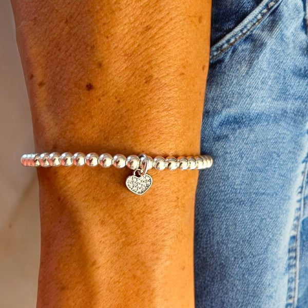 Mini Heart Charm Sterling Silver 4mm Beads Bracelet