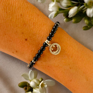 Smiley Face Charm 4mm Onyx Polished Stones Bracelet