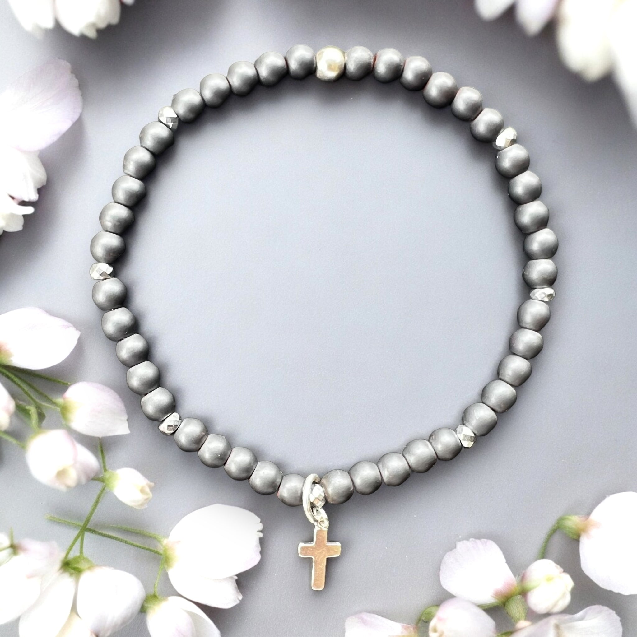 Mini Cross 4mm Hematite Matte Stone Bracelet