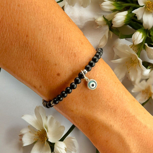 Drop Evil Eye Charm 4mm Onyx Polished Stone Bracelet