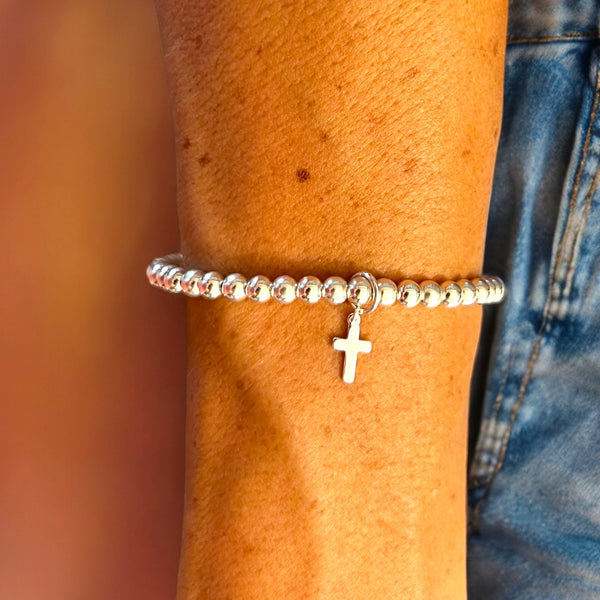 Dainty Cross Charm Sterling Silver 4mm Bead Bracelet