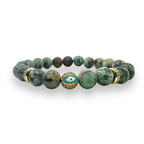 African Turquoise 8mm Stone with Evil Eye Bracelet