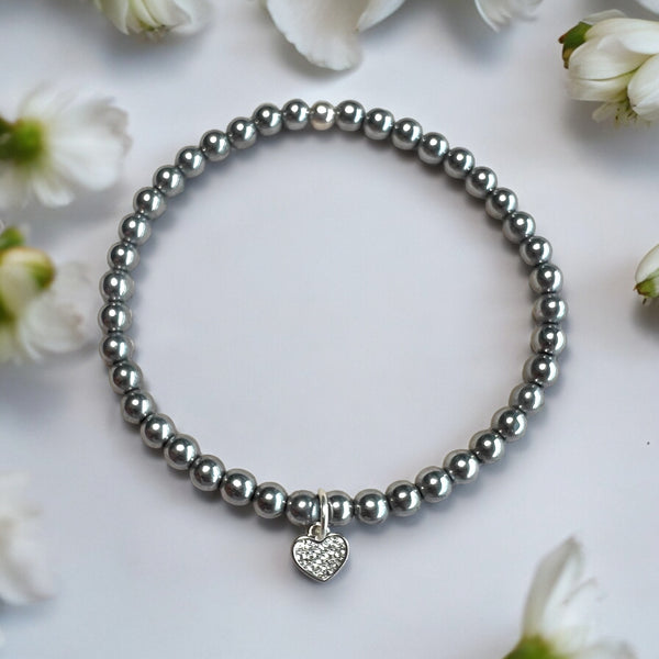 Dainty Heart Charm 4mm Hematite Stones Bracelet