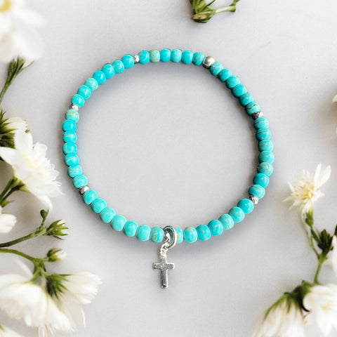 Mini Cross Charm 4mm Turquoise Stones Bracelet