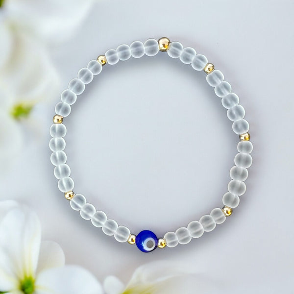 Blue Evil Eye Charm Clear Quartz 4mm Stone Bracelet