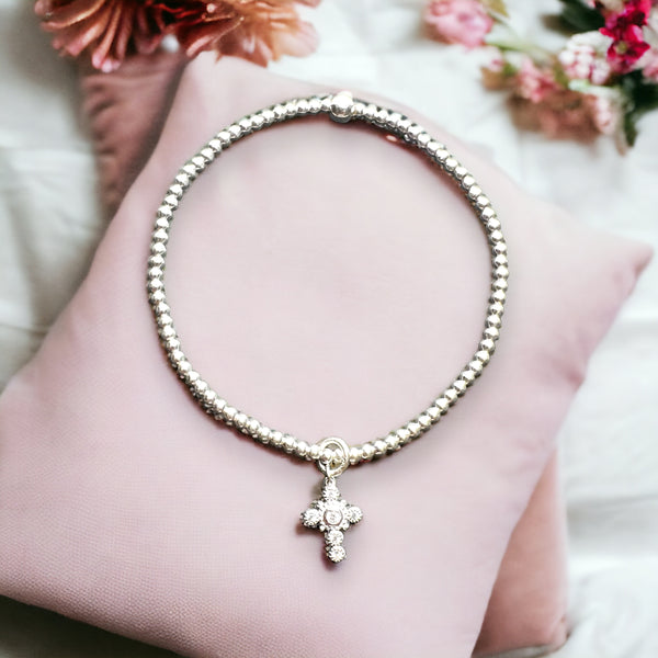 Cross Charm Sterling Silver 2mm Bead Bracelet