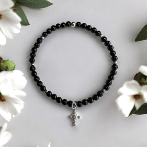 Cubic Zirconias Cross Charm 4mm Onyx Polished Stones Bracelet