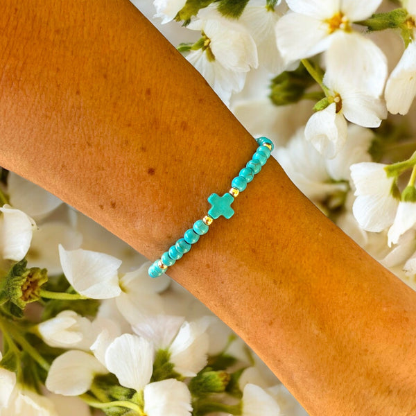 Mini Cross Turquoise 4mm Stone Bracelet