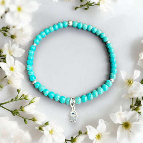 Hamsa Charm 4mm Turquoise Stones Bracelet