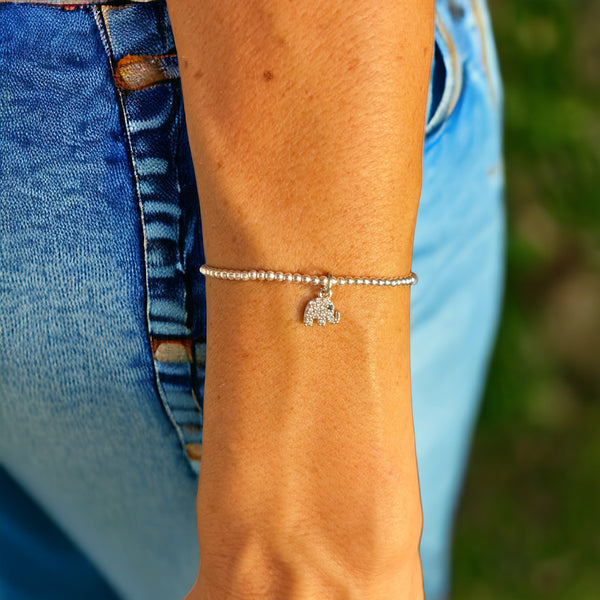 Elephant Charm Sterling Silver 2mm Bead Bracelet