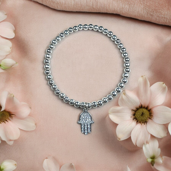 Hamsa Charm Sterling Silver 4mm Bead Bracelet