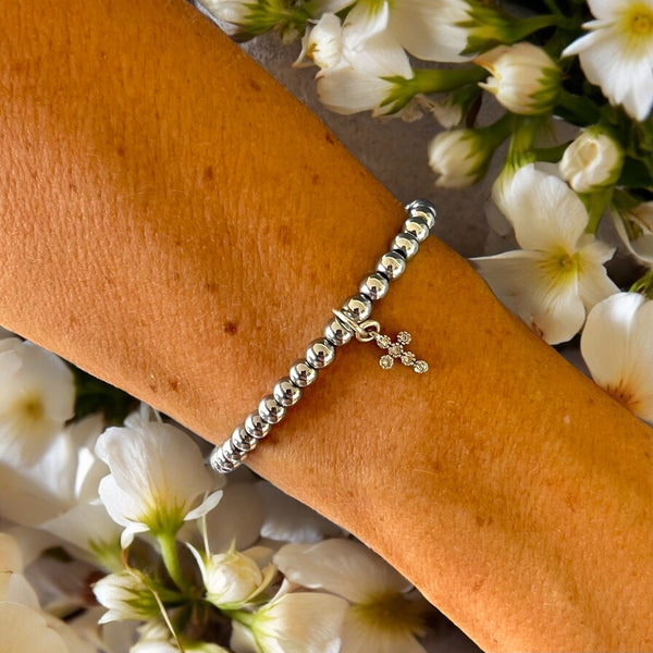 Mini Cross Charm 4mm Hematite Stones Bracelet