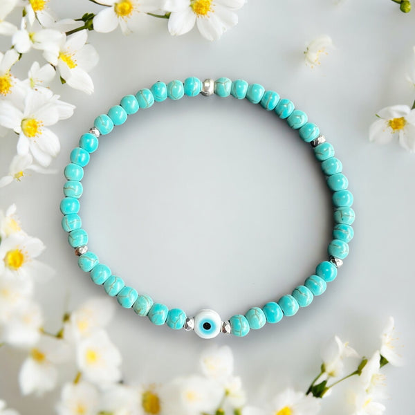 Classic White Evil Eye 4mm Turquoise Stones Bracelet