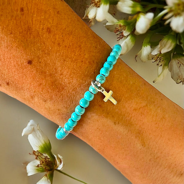 Mini Cross Charm 4mm Turquoise Stones Bracelet