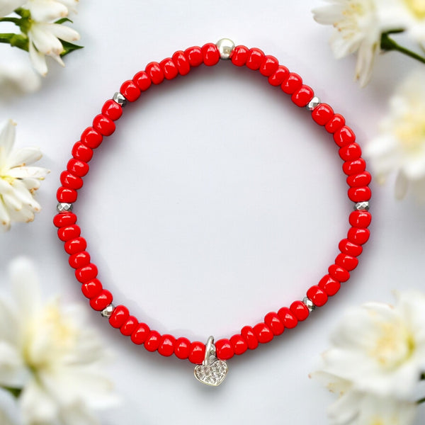 Heart Charm 4mm Red Glass Beads Bracelet