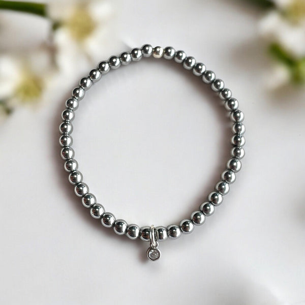 Dainty Cubic Zirconia Charm 4mm Hematite Stones Bracelet