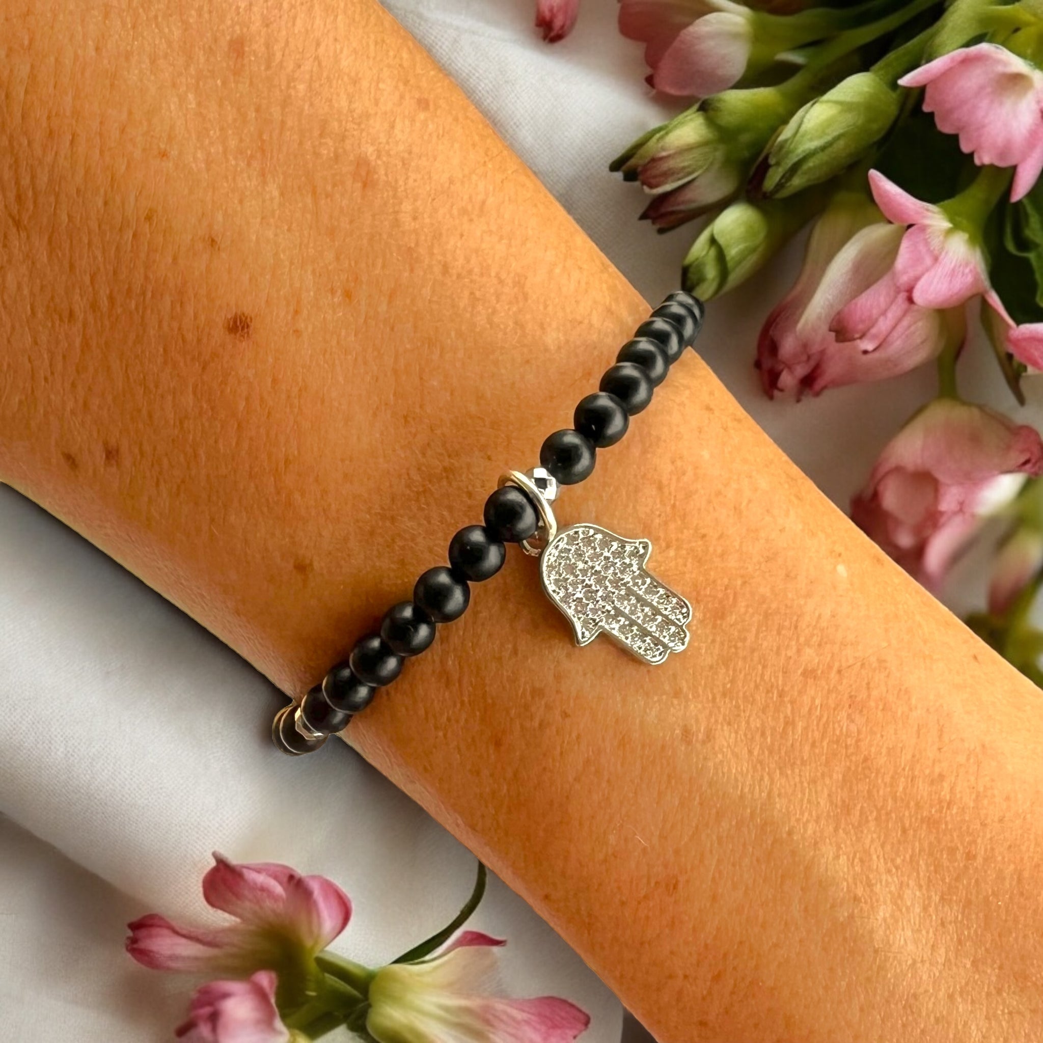 Hamsa Charm 4mm Onyx Matte Stone Bracelet