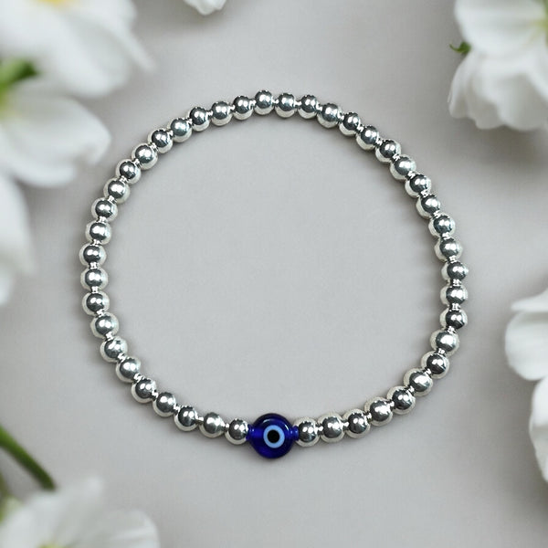 Classic Blue Evil Eye Sterling Silver 4mm Bead Bracelet