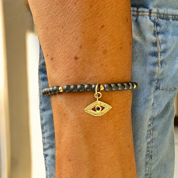 Evil Eye Charm 4mm Hematite Matte Stone Bracelet