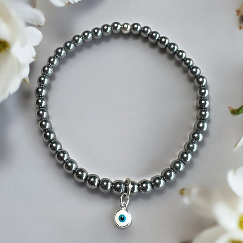 Drop White Evil Eye Charm 4mm Hematite Stones Bracelet