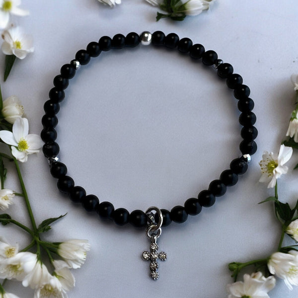 Mini Cross 4mm Onyx Matte Stone Bracelet