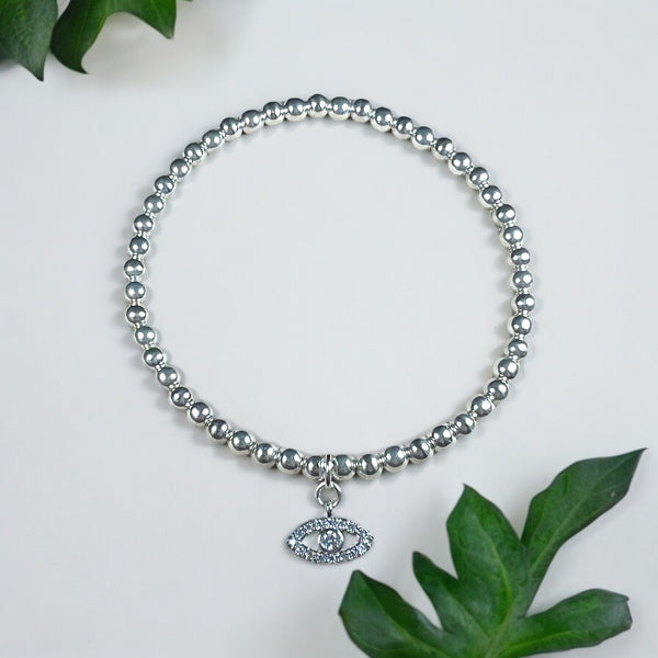 Cubic Zirconias Evil Eye Charm Sterling Silver 4mm Bead Bracelet