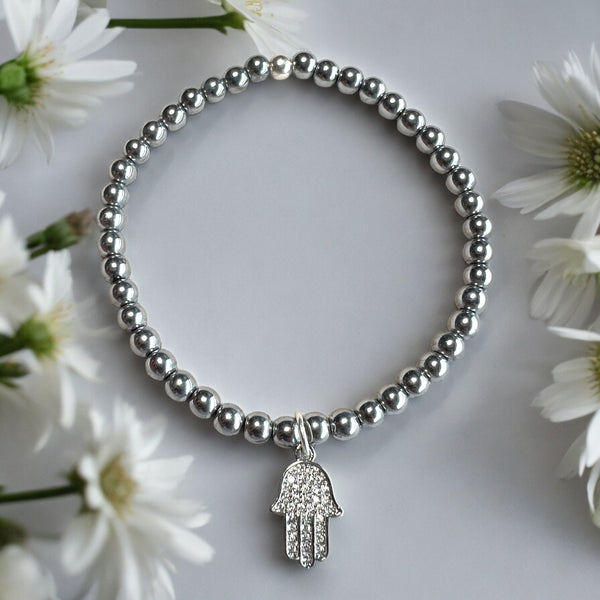 Hamsa Charm 4mm Hematite Stones Bracelet