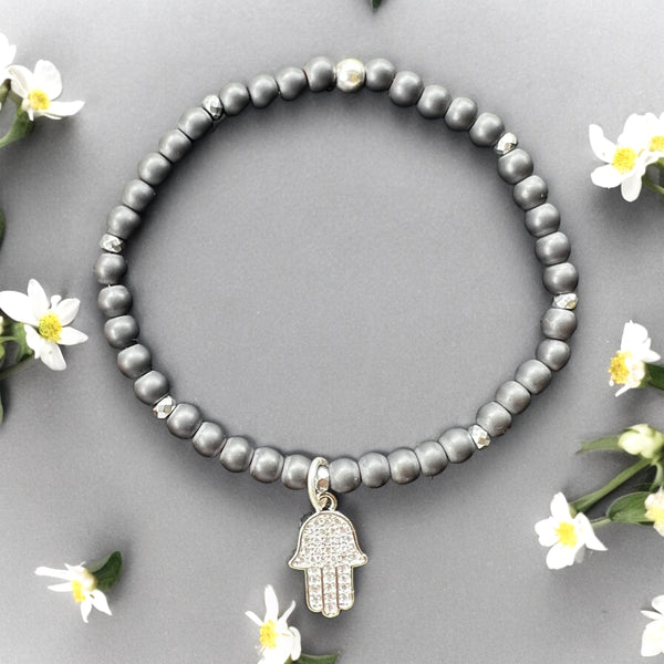 Hamsa Charm 4mm Hematite Matte Stone Bracelet