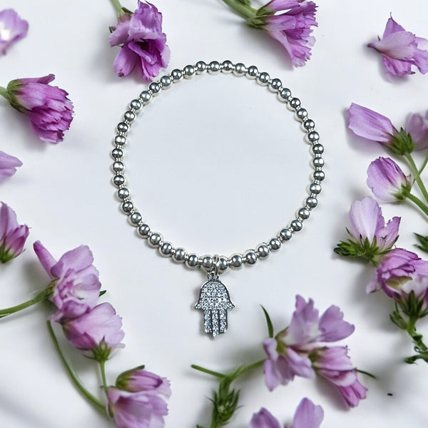 Hamsa Charm Sterling Silver 4mm Bead Bracelet