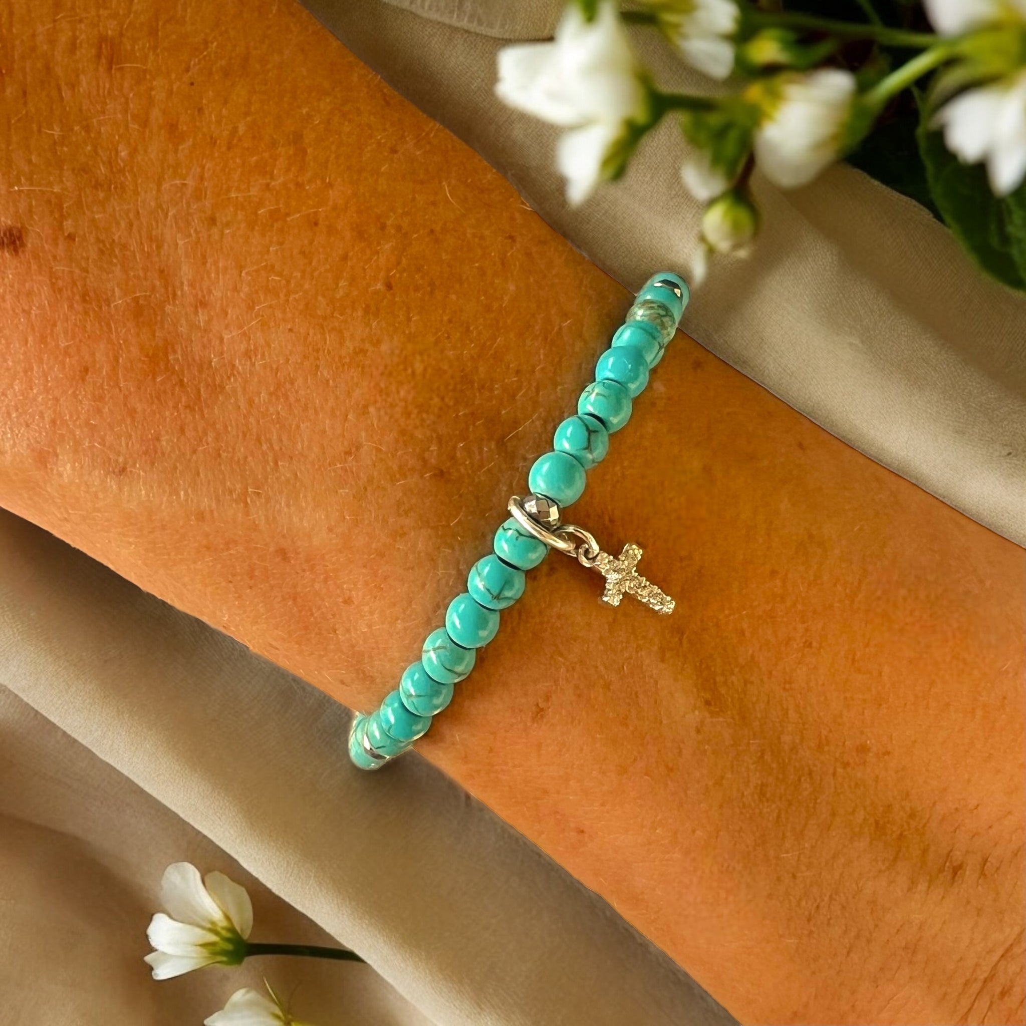 Dainty Cross Charm 4mm Turquoise Stones Bracelet