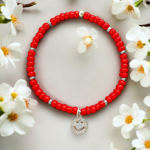 Smiley Charm 4mm Red Glass Beads Bracelet