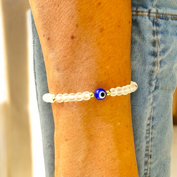 Blue Evil Eye Charm Clear Quartz 4mm Stone Bracelet