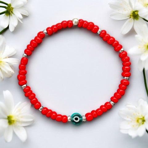 Classic Turquoise Evil Eye Charm 4mm Red Glass Beads Bracelet