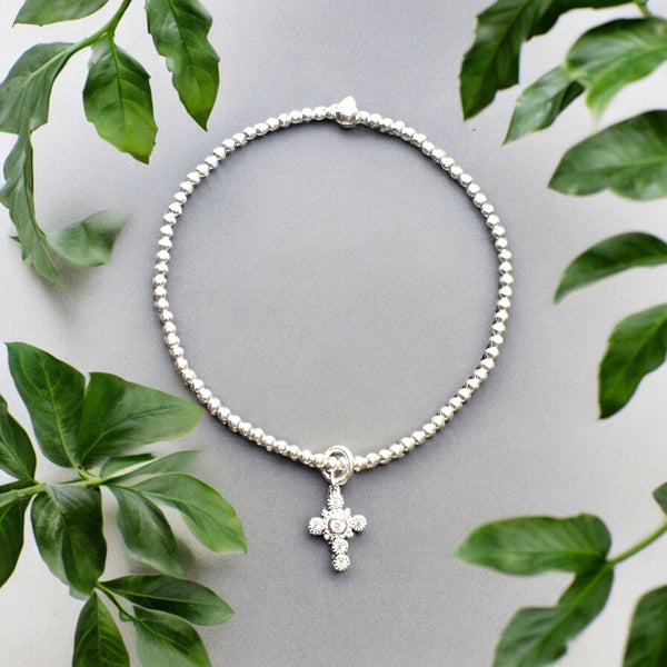 Cross Charm Sterling Silver 2mm Bead Bracelet